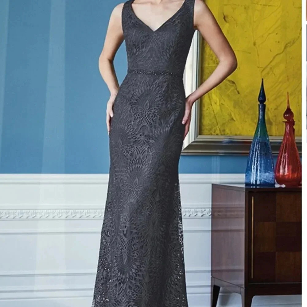 Jade Couture Wedding Mother Of Bride Dress Lace Chiffon V-neck Gray New Size 6